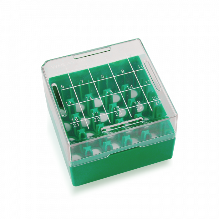 Hộp nhựa trữ Cryo vial 25 chỗ màu xanh cho tuýp 1.2-2ml Wheaton